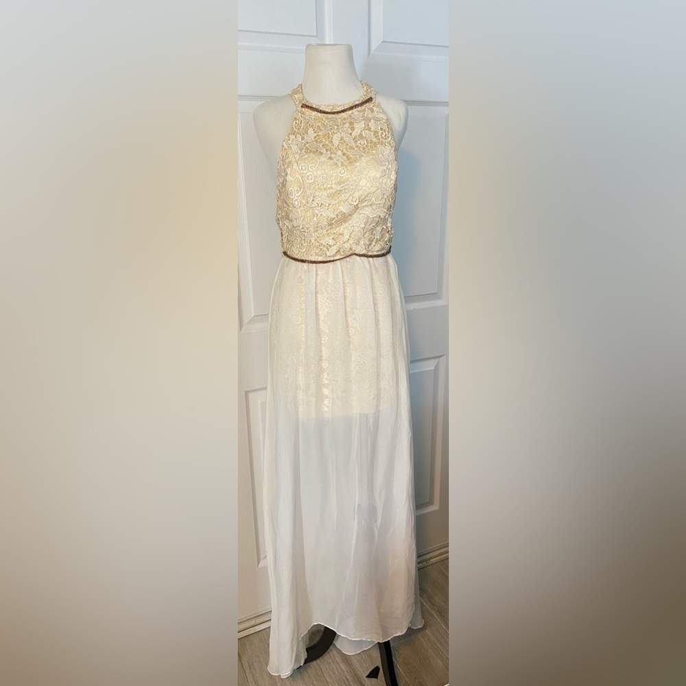Bead Halter Maxi Dress w/ Lace Overlay, Size Medium (US 8) - Greek Goddess Style